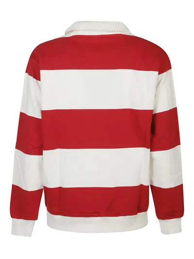 Drôle De Monsieur Striped Long Sleeve Polo Shirt With Embroidery In Red