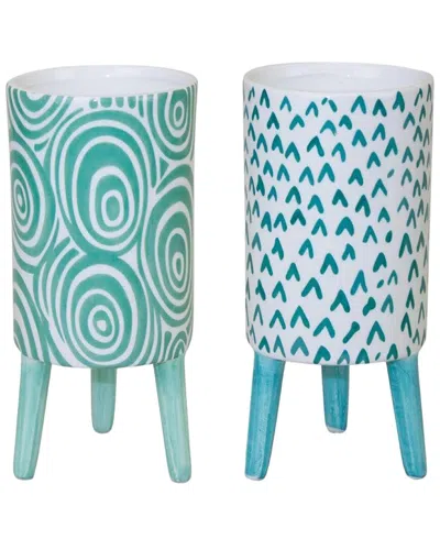 Melrose International Set Of 2 Blue Patterned Pot With Legs In Blue