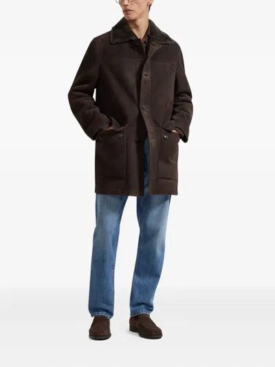 Zegna Shearling-collar Suede Coat In Brown