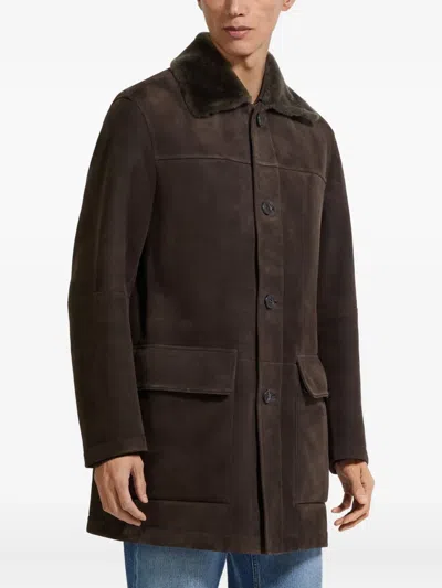 Zegna Shearling-collar Suede Coat In Brown