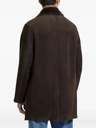 Zegna Shearling-collar Suede Coat In Brown