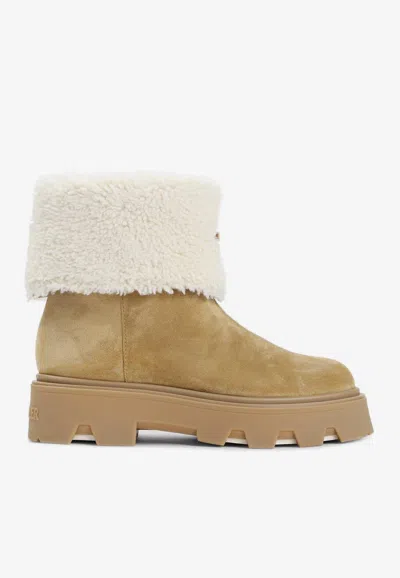 Moncler Camel Beige Real Leather Aurea Mid Ankle Boots In Brown