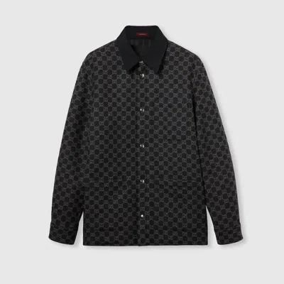 Gucci Collared Flannel Jacket Featuring Embroidered Pattern In Gray