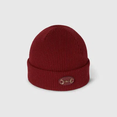 Gucci Women Bordeaux Beanie With Leather Patch With Horsebit Plaque In Wool Woman In Burgundy