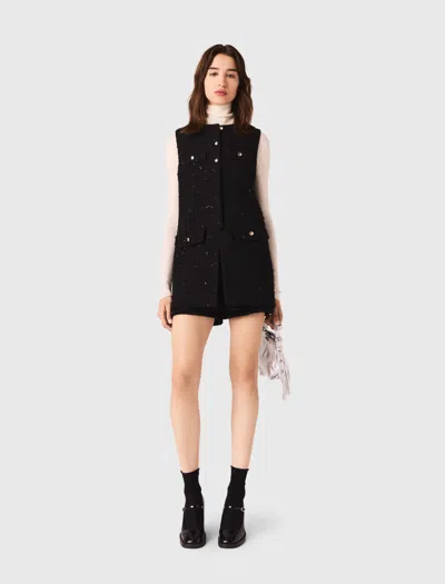 Maje Tweed Playsuit With Rhinestones In Black