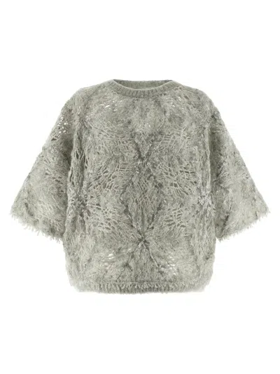 Brunello Cucinelli Short Sleeve Textured Sweater Featuring Sequins In Gray
