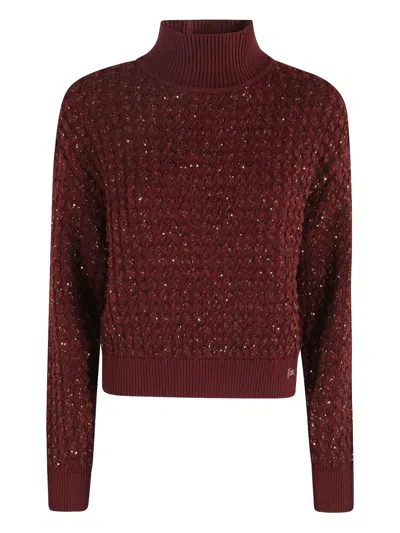 Elisabetta Franchi Cable-knit Tricot Sweater With Sequined Inserts In Red
