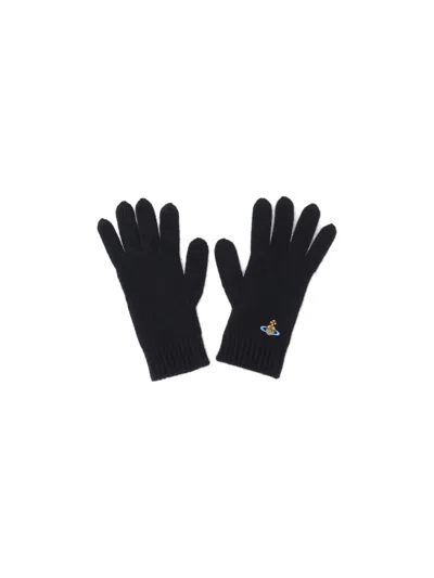 Vivienne Westwood Black Gloves With Orb Logo Embroidered On The Front In Wool Blend Unisex In Black