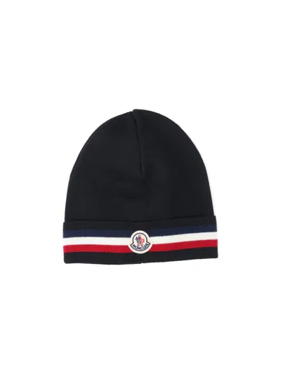 Moncler Tricolor Stripe Ribbed Wool Beanie In Black