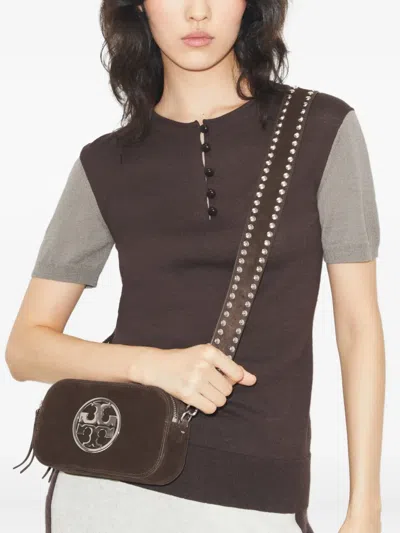 Tory Burch Mini Miller Logo-studded Suede Crossbody Bag In Brown