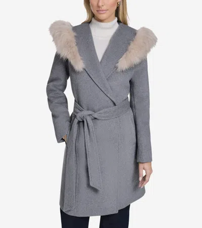 Cole Haan Slick Wool Blend Coat With Faux Fur Trim Hood In Gray