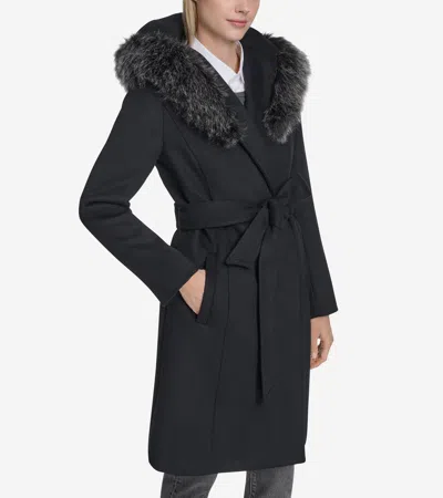Cole Haan Slick Wool Blend Coat With Faux Fur Trim Hood In Black
