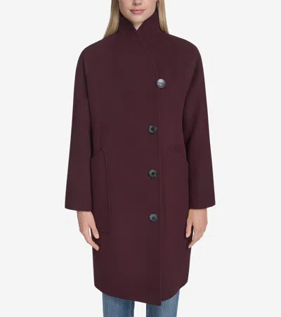 Cole Haan Asymmetric Closure Chevron Texture Wool Blend Coat In Multi