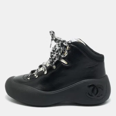 Pre-owned Chanel Black Leather And Nylon Cc Chunky High Top Sneakers Size 39.5
