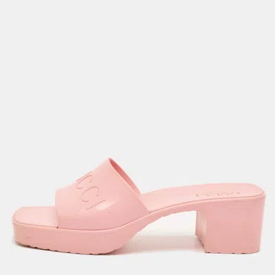 Pre-owned Gucci Pink Rubber Embossed Logo Block Heel Slide Sandals Size 38