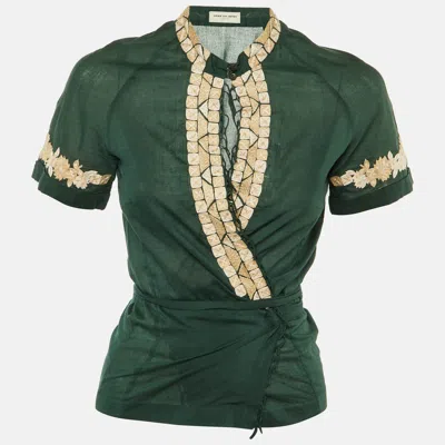 Pre-owned Dries Van Noten Green Embroidered Cotton Wrap Top S