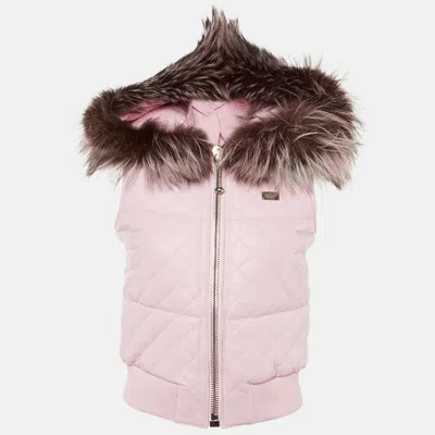 Pre-owned Philipp Plein Pink Leather & Fox Fur Hooded Sleeveless Jacket S
