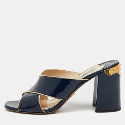 Pre-owned Prada Navy Blue Patent Leather Criss Cross Block Heel Slide Sandals Size 40.5