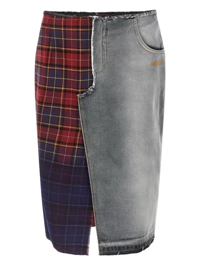 Off-white Patchwork Midi Skirt With Stonewashed Cotton Front In Gray