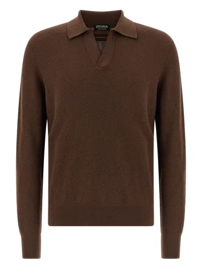 Zegna Cashmere Jacquard Long Sleeve Polo In Brown