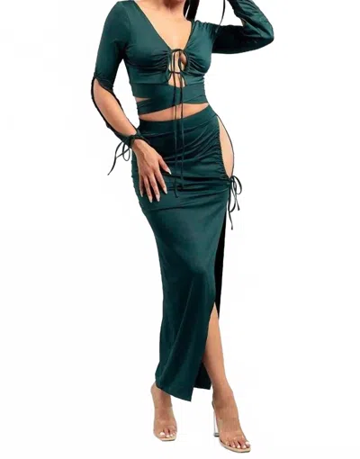 Celebrity Pink Tie String Waist Band Top And Asymmetrical Skirt In Green In Green