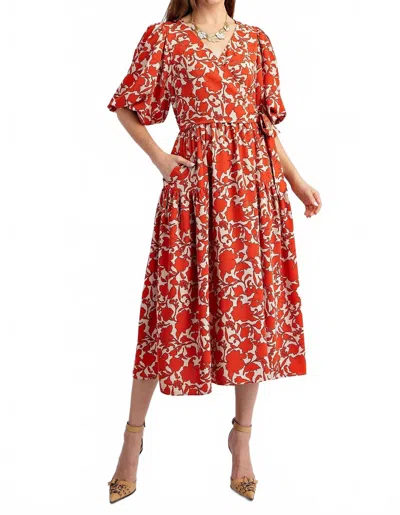 Easel Floral Printed Sophia Twill Surplus Midi Dress In Cinnamon Dough In Multi