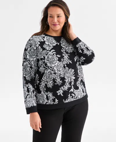 Style & Co Plus Size Holiday Floral Graphic Long-sleeve Sweatshirt, Macy's Exclusive In Black