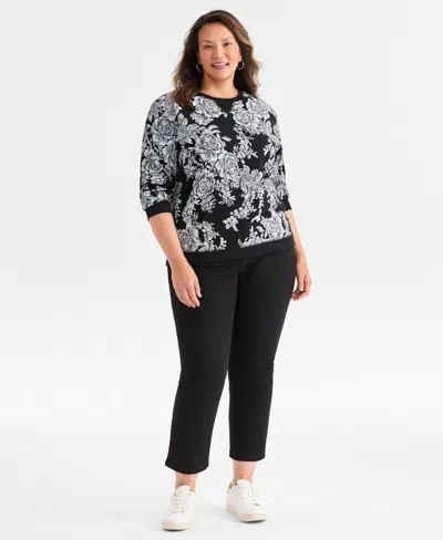 Style & Co Plus Size Holiday Floral Graphic Long-sleeve Sweatshirt, Macy's Exclusive In Black