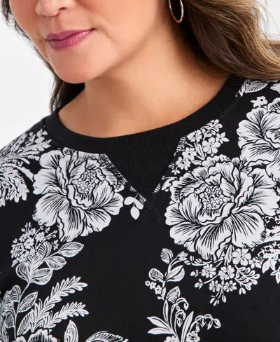 Style & Co Plus Size Holiday Floral Graphic Long-sleeve Sweatshirt, Macy's Exclusive In Black