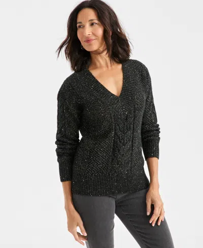 Style & Co Style Co Womens Sequin V Neck Cable Knit Pullover Sweater Pxs Xxl Macys Exclusive In Black