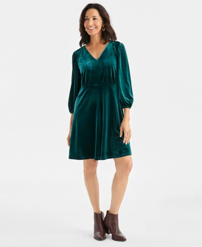 Style & Co Women's V-neck Long-sleeve Velvet Dress, Macy's Exclusive In Green