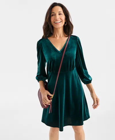 Style & Co Women's V-neck Long-sleeve Velvet Dress, Macy's Exclusive In Green