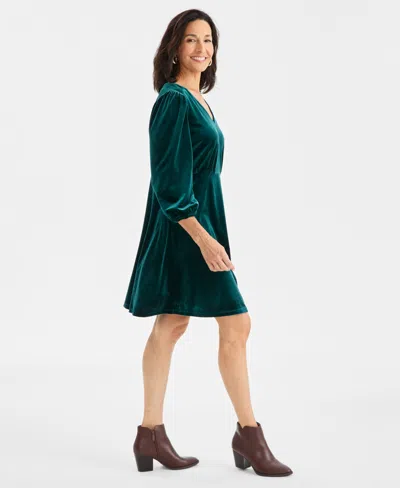 Style & Co Women's V-neck Long-sleeve Velvet Dress, Macy's Exclusive In Green