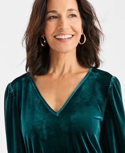 Style & Co Women's V-neck Long-sleeve Velvet Dress, Macy's Exclusive In Green