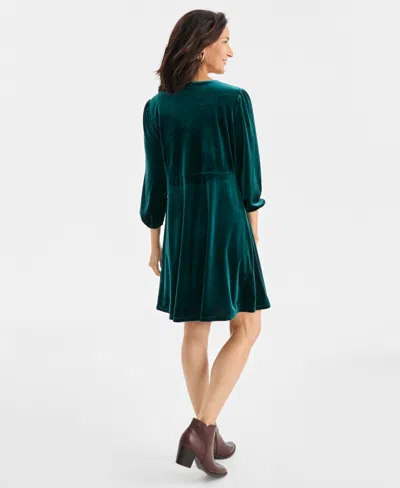 Style & Co Women's V-neck Long-sleeve Velvet Dress, Macy's Exclusive In Green