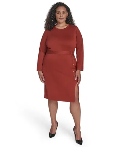 Jessica Howard Plus Size Long Sleeve Belted Midi Dress In Brown