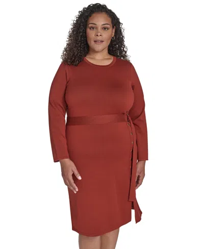 Jessica Howard Plus Size Long Sleeve Belted Midi Dress In Brown