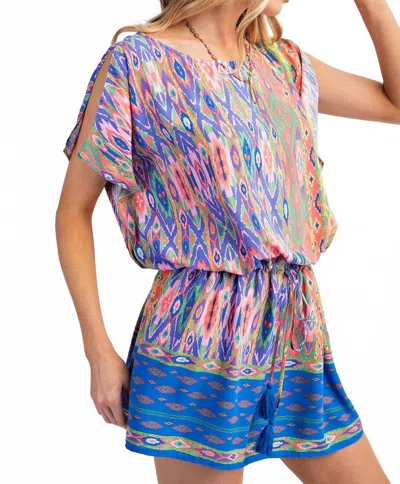 Easel Border Print Rayon Challis Woven Tunic Dress In Royal In Multi