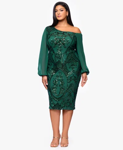 B & A By Betsy And Adam Plus Size Sequin Detail Long Sleeves Dress In Green