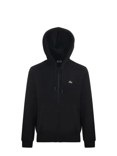 Lacoste Cotton Blend Sweatshirt With Adjustable Hood In Black