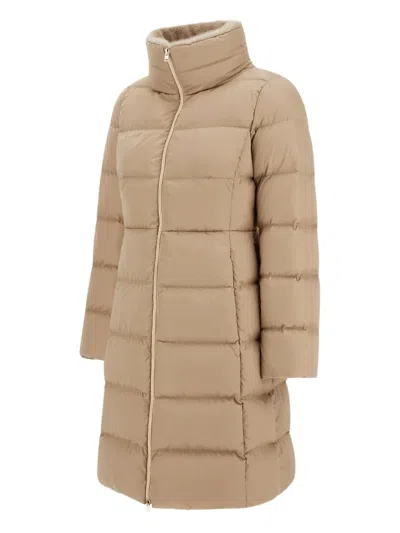 Herno Satin And Lady Alternative Fur Long Jacket In Brown