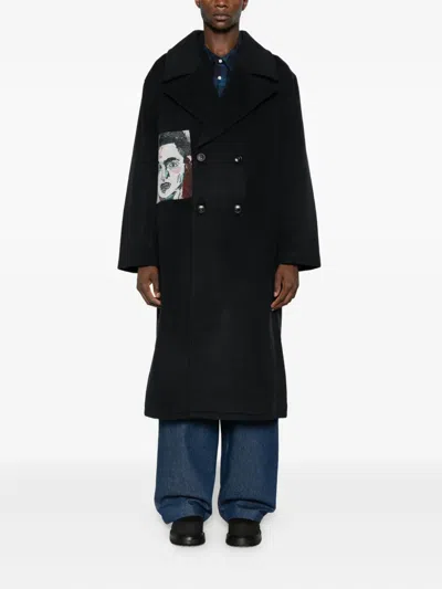 Kidsuper Double-breasted Graphic-print Coat In Black