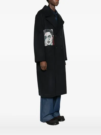 Kidsuper Double-breasted Graphic-print Coat In Black