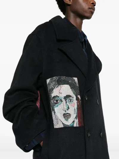 Kidsuper Double-breasted Graphic-print Coat In Black