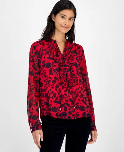Tommy Hilfiger Women's Floral-print Ruffled Top In Red