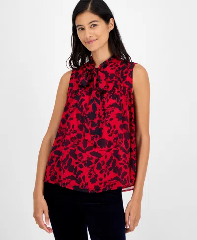 Tommy Hilfiger Women's Floral-print Pleated Top In Red