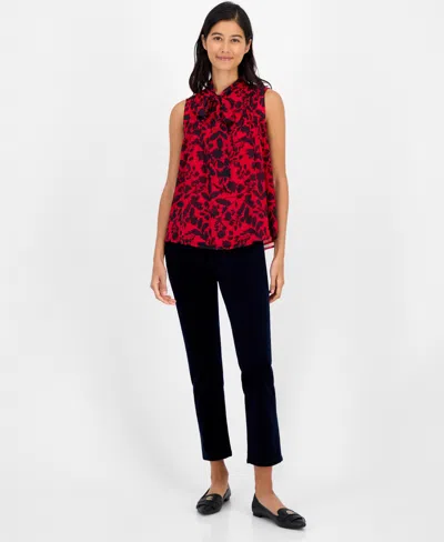 Tommy Hilfiger Women's Floral-print Pleated Top In Red