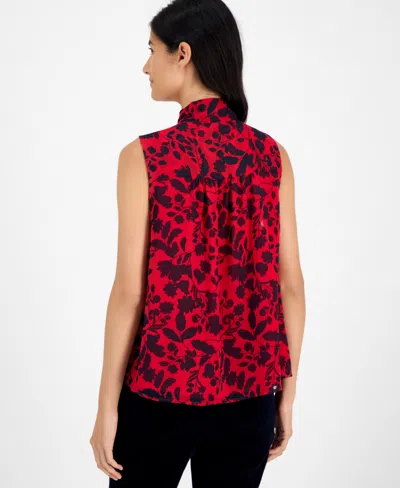 Tommy Hilfiger Women's Floral-print Pleated Top In Red