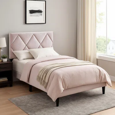 Hivvago Lilian Full Bed, Tufted Light Pink Velvet Upholstery, Diamond Stitch In Pink
