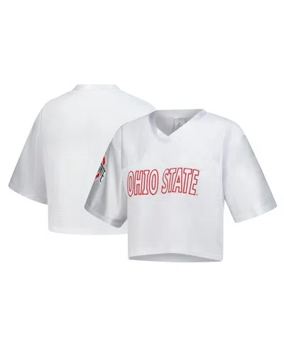 Zoozatz Women's White Ohio State Buckeyes Mesh Cropped V-neck T-shirt In White